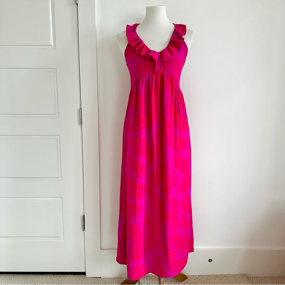 Gibsonlook Vibrant Pink and Orange Palm Leaf Maxi Halter Dress Size XX-Small
